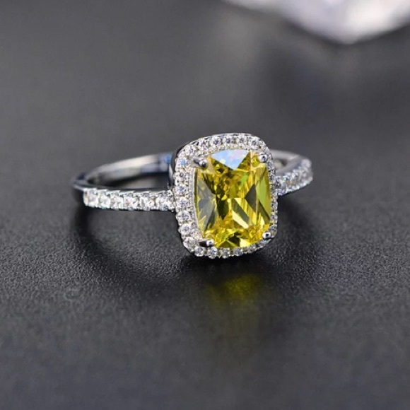 Citrine Rectangular Diamond Halo Silver Ring - Picture 2 of 7